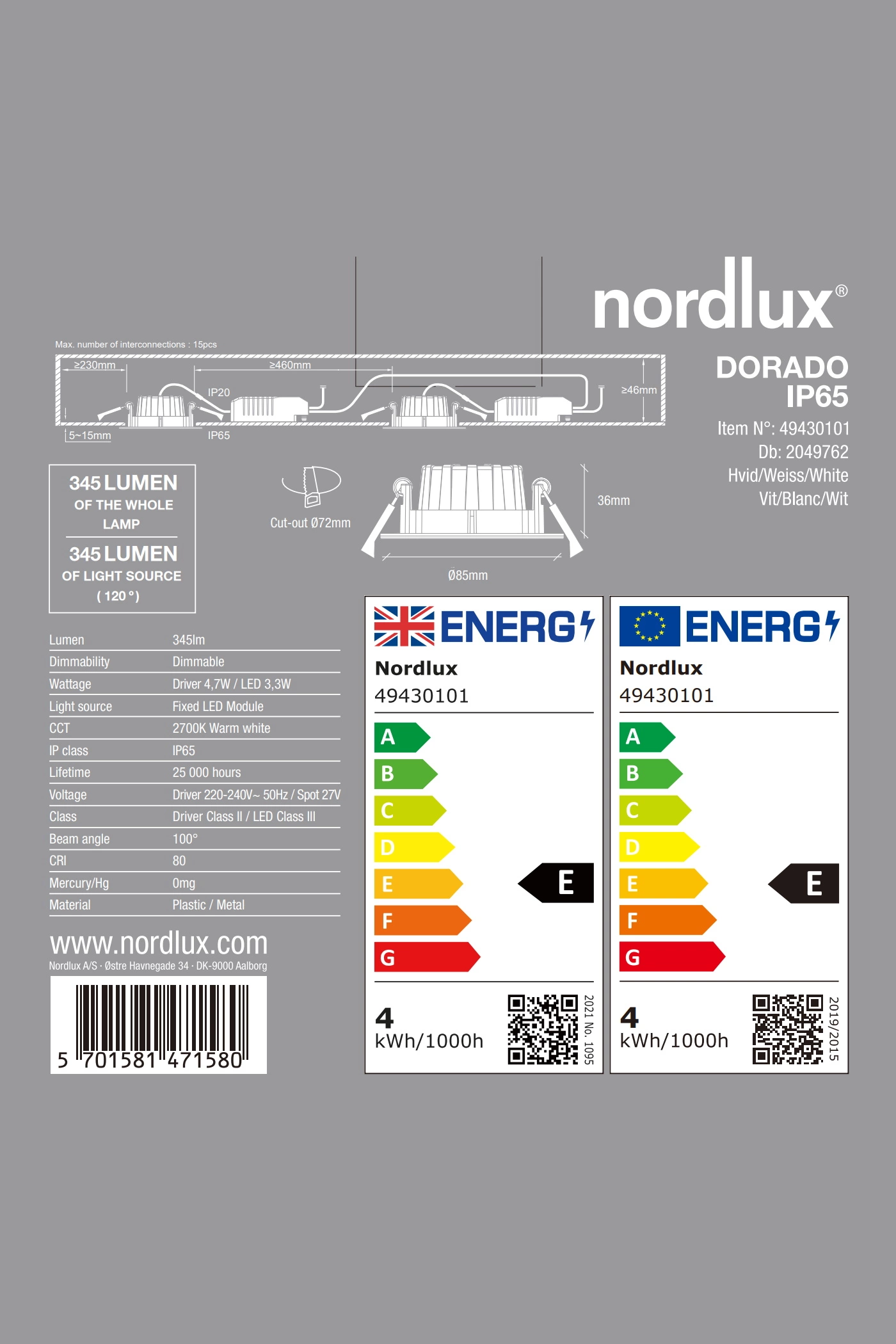 Світильник вуличний NORDLUX (Данія) 32432    
                         У стилі Хай-тек.  
                        Тип джерела світла: вбудований led-модуль, незмінний.                         Форма: Коло.                         Кольори плафонів і підвісок: Білий.                         Матеріал: Метал.                          фото 4