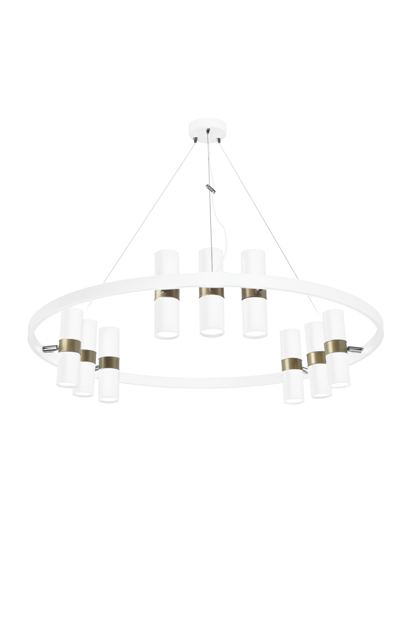   
                        
                        Люстра NB LIGHT (Україна) 54262    
                         У стилі Лофт, Хай-тек.  
                        Тип джерела світла: світлодіодна лампа, змінна.                         Форма: Коло.                         Кольори плафонів і підвісок: Білий, Золото.                         Матеріал: Метал.                          фото 1
