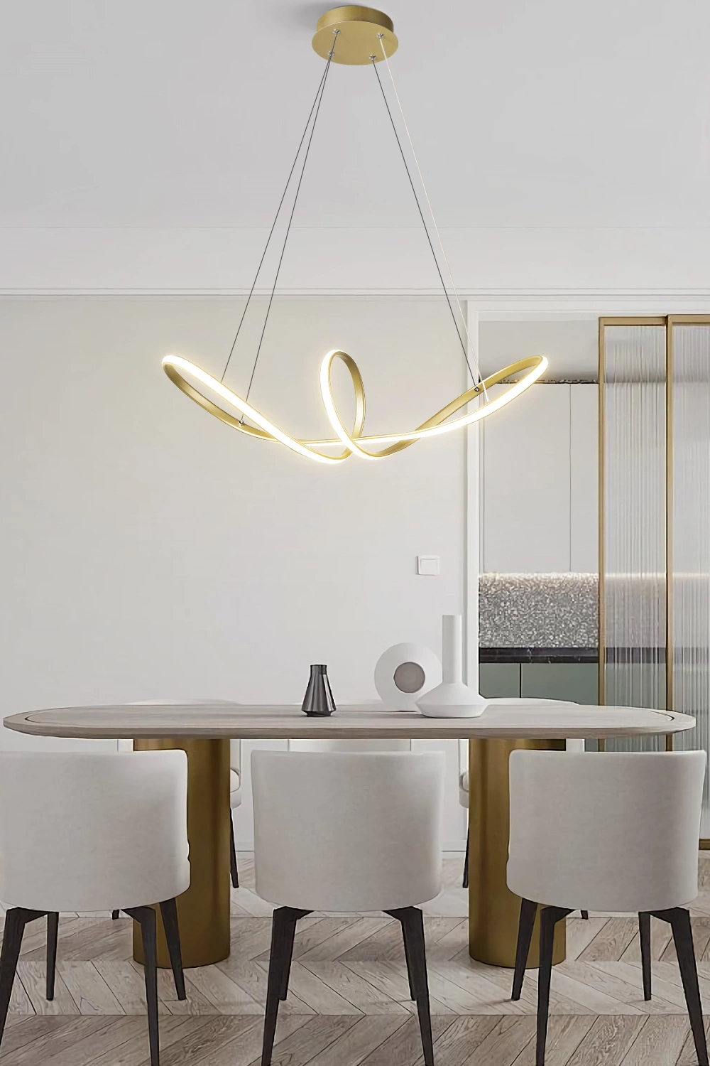  
                        
                        Люстра LAGUNA LIGHTING (Украина) 59496    
                         В стиле Хай-тек, Лофт.  
                        Тип источника света: встроенный led-модуль, несъемный.                         Форма: Асимметричная.                         Цвета плафонов и подвесок: Золото, Белый.                         Материал: Алюминий, Силикон.                          фото 3