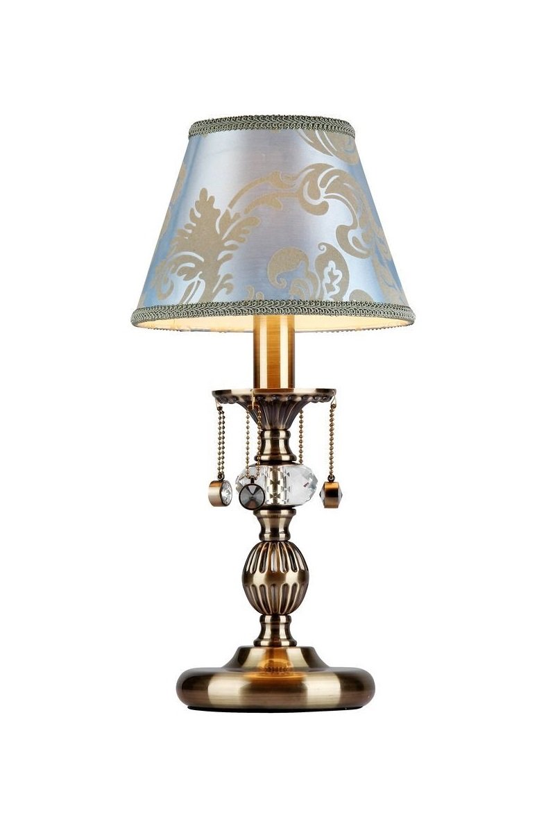   
                        Настільна лампа MAYTONI (Німеччина) 74630    
                         у стилі класика.  
                        Тип джерела світла: cвітлодіодні led, енергозберігаючі, розжарювання.                                                 Кольори плафонів і підвісок: блакитний, малюнок, прозорий.                         Матеріал: тканина, кришталь.                          фото 1